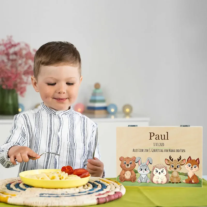 Kinderbesteck personalisiert mit Namen - Besteckset Waldtiere Motiv | Taufgeschenk für Kinder - Geschenk zur Taufe für Jungs & Mädchen, natur Kiste