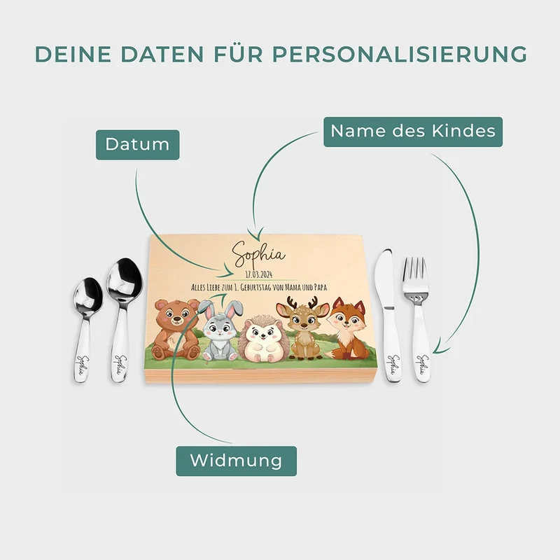 Kinderbesteck personalisiert mit Namen - Besteckset Waldtiere Motiv | Taufgeschenk für Kinder - Geschenk zur Taufe für Jungs & Mädchen, natur Kiste