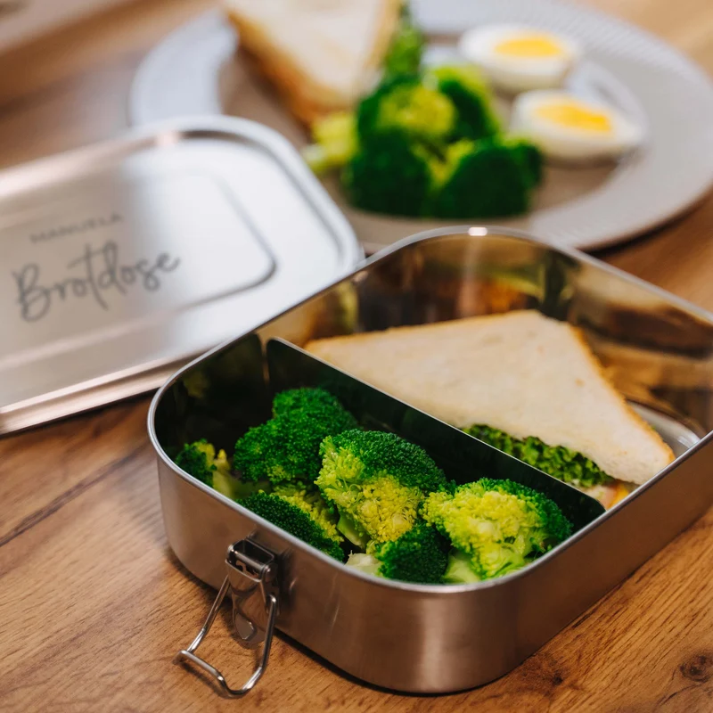 Personalisierte Brotdose mit Namen, Wunschtext - 800-1400 ml, Edelstahl mit Fächern & auslaufsicher | Lunchbox mit Trennfächern für Kinder, Erwachsene