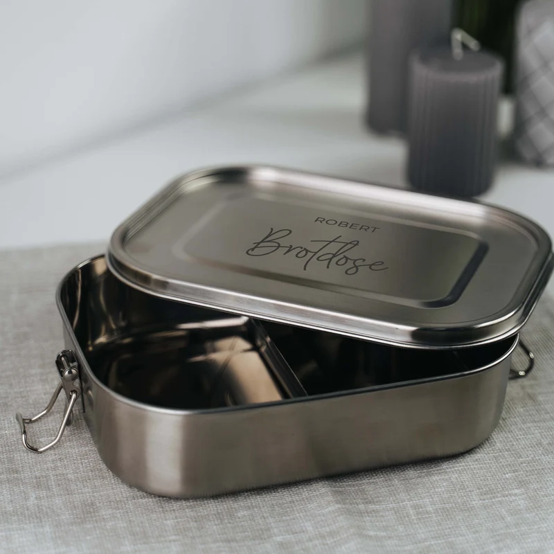 Personalisierte Brotdose mit Namen, Wunschtext - 800-1400 ml, Edelstahl mit Fächern & auslaufsicher | Lunchbox mit Trennfächern für Kinder, Erwachsene