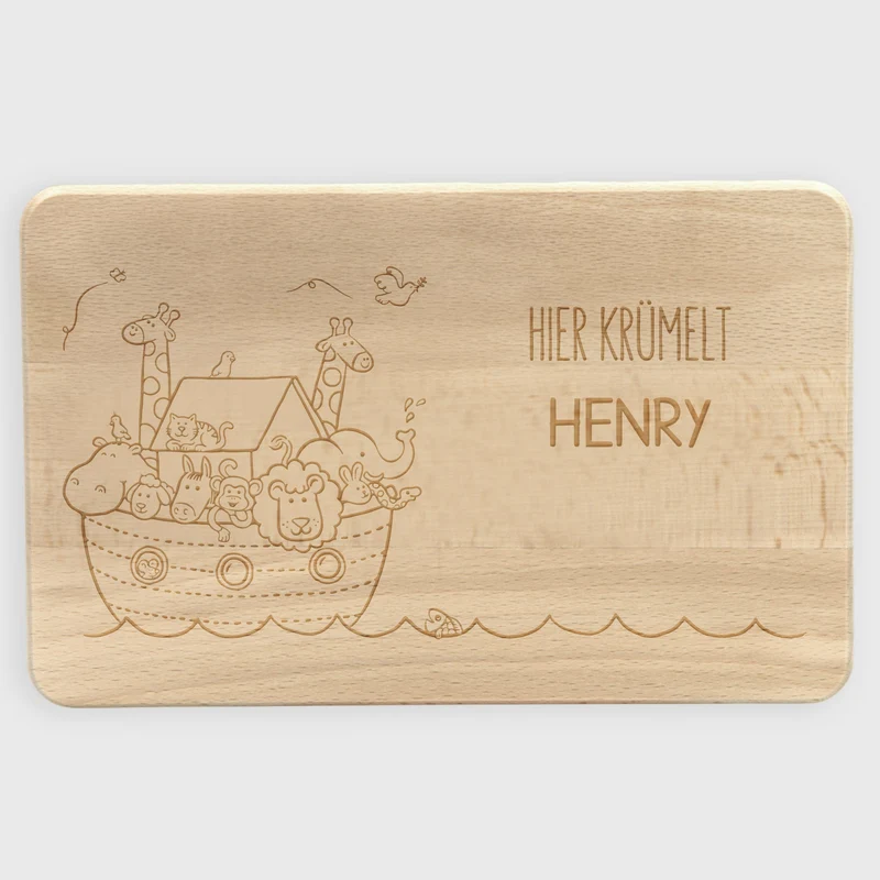 Frühstücksbrettchen für Kinder mit Gravur - Personalisiert mit Namen - Arche Noah | Holz Brettchen, Natur, FSC® - Geschenk zum Geburtstag & Namenstag