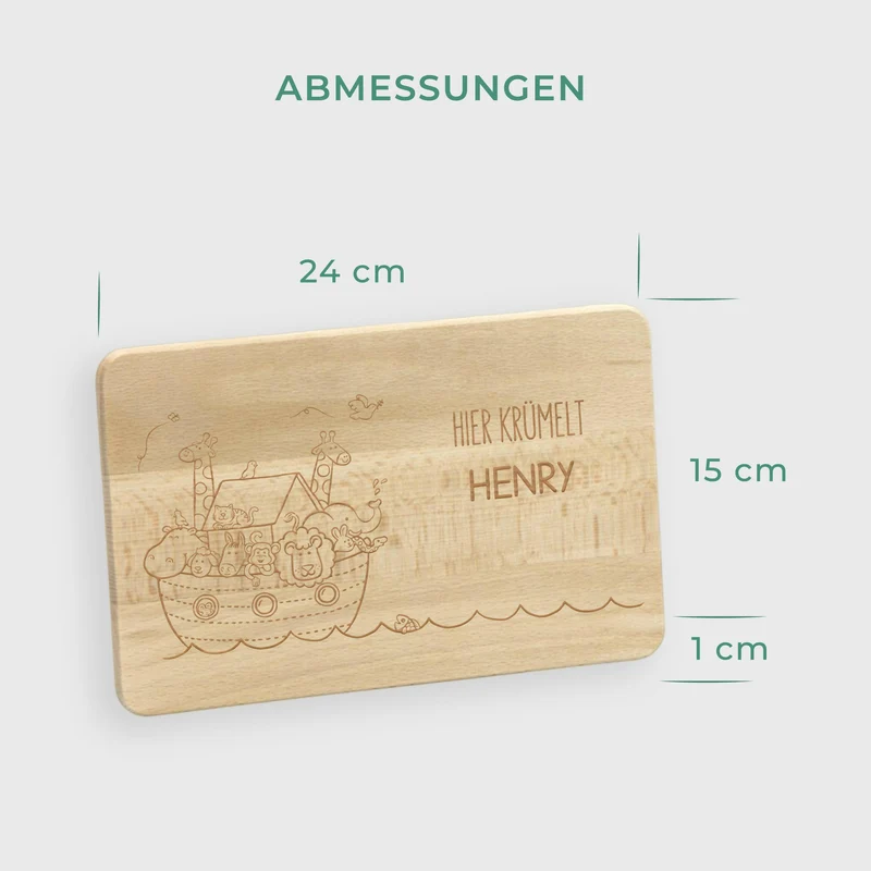 Frühstücksbrettchen für Kinder mit Gravur - Personalisiert mit Namen - Arche Noah | Holz Brettchen, Natur, FSC® - Geschenk zum Geburtstag & Namenstag