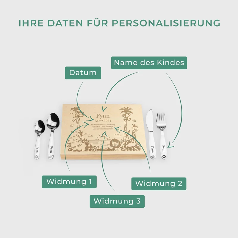 Kinderbesteck mit Namensgravur - Dschungel Gravur - Besteck mit Namen | Taufgeschenk für Kinder - Geschenk zur Taufe für Jungs & Mädchen, natur Kiste