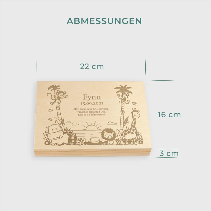 Kinderbesteck mit Namensgravur - Dschungel Gravur - Besteck mit Namen | Taufgeschenk für Kinder - Geschenk zur Taufe für Jungs & Mädchen, natur Kiste