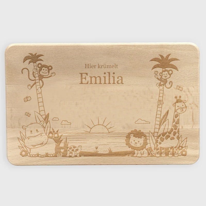 Frühstücksbrettchen für Kinder mit Gravur - Personalisiert mit Namen - Dschungel | Holz Brettchen, Natur, FSC® - Geschenk zum Geburtstag & Namenstag