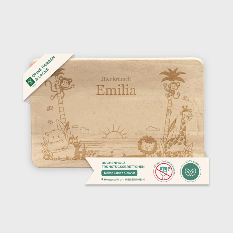 Frühstücksbrettchen für Kinder mit Gravur - Personalisiert mit Namen - Dschungel | Holz Brettchen, Natur, FSC® - Geschenk zum Geburtstag & Namenstag