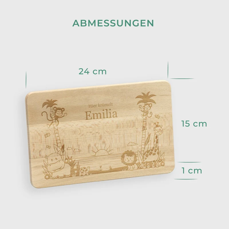 Frühstücksbrettchen für Kinder mit Gravur - Personalisiert mit Namen - Dschungel | Holz Brettchen, Natur, FSC® - Geschenk zum Geburtstag & Namenstag