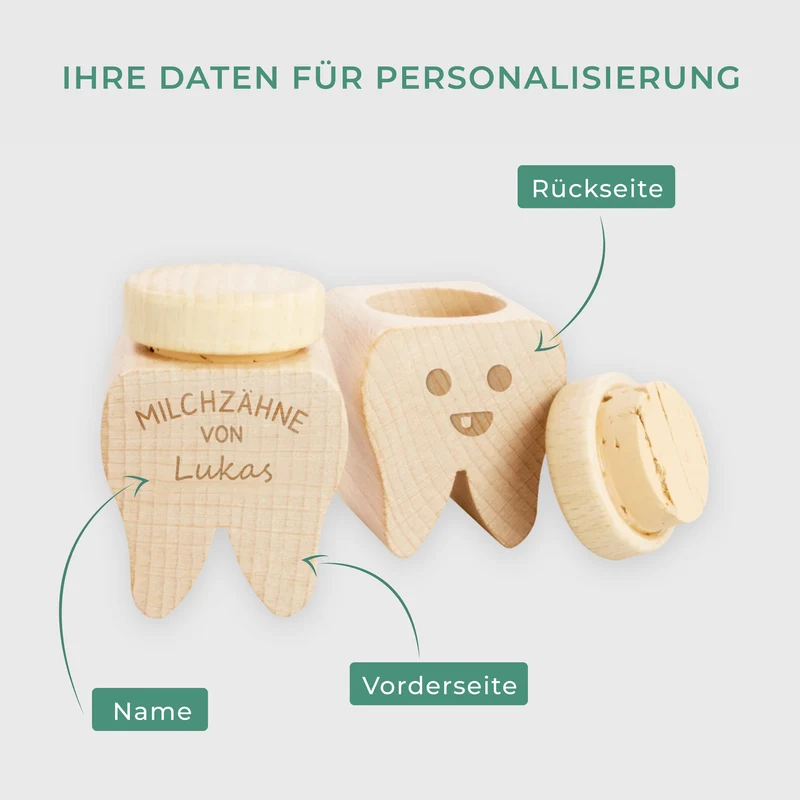 Personalisierte Milchzahndose mit Namen - Zahndose mit Gravur als Zahn aus Holz | Zahnfee Geschenk für Jungen & Mädchen - Milchzahnbox & Zahnbox