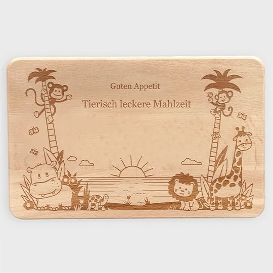 Frühstücksbrettchen für Kinder mit Gravur & Text - Dschungel Motiv | Baby Brettchen aus Holz, natur - Geschenk zum Geburtstag, Namenstag & Schulanfang