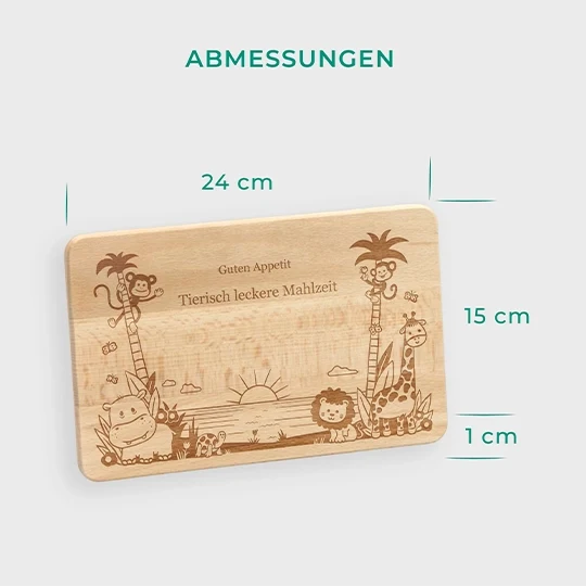 Frühstücksbrettchen für Kinder mit Gravur & Text - Dschungel Motiv | Baby Brettchen aus Holz, natur - Geschenk zum Geburtstag, Namenstag & Schulanfang