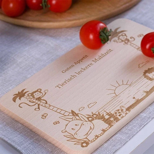 Frühstücksbrettchen für Kinder mit Gravur & Text - Dschungel Motiv | Baby Brettchen aus Holz, natur - Geschenk zum Geburtstag, Namenstag & Schulanfang