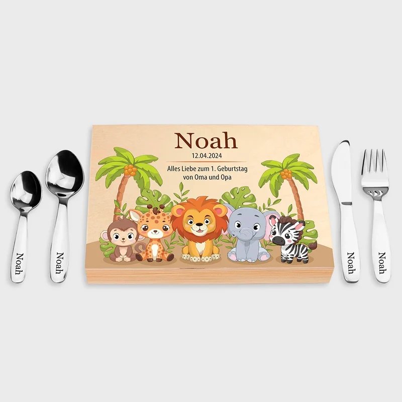 Kinderbesteck personalisiert mit Namen - Besteckset Safari Motiv | Taufgeschenk für Kinder - Geschenk zur Taufe für Jungs & Mädchen, natur Kiste
