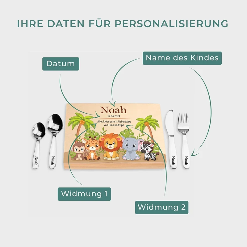 Kinderbesteck personalisiert mit Namen - Besteckset Safari Motiv | Taufgeschenk für Kinder - Geschenk zur Taufe für Jungs & Mädchen, natur Kiste