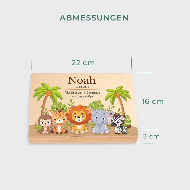 Kinderbesteck personalisiert mit Namen - Besteckset Safari Motiv | Taufgeschenk für Kinder - Geschenk zur Taufe für Jungs & Mädchen, natur Kiste
