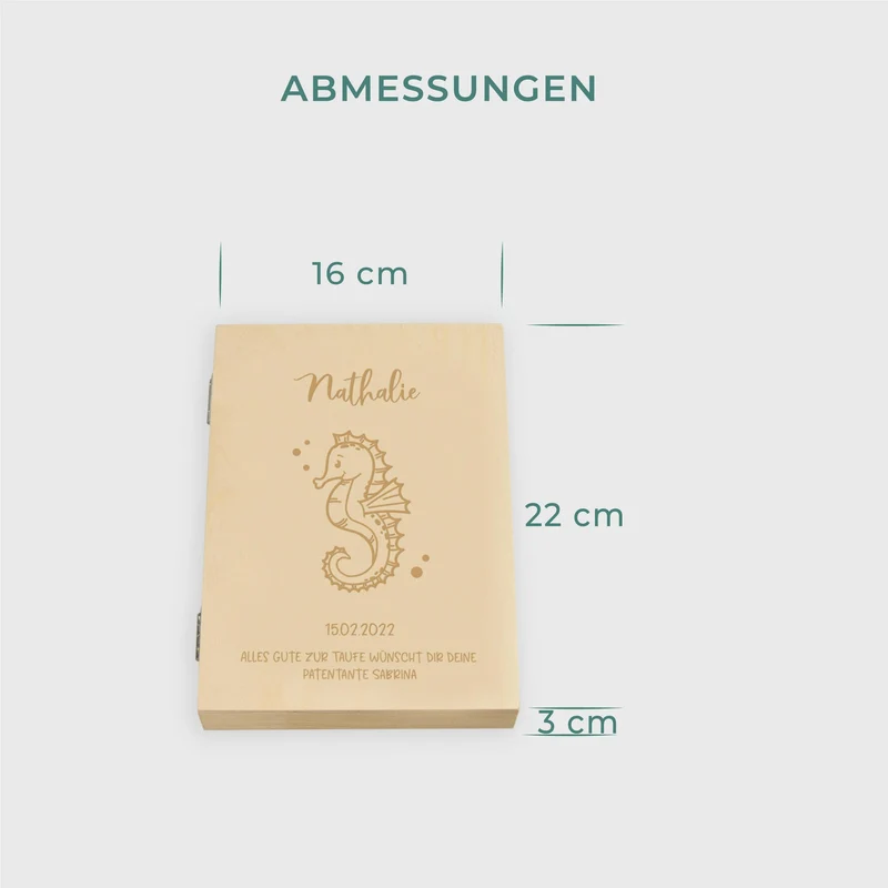 Kinderbesteck mit Namensgravur - Seepferdchen Motiv - Besteck mit Namen | Taufgeschenk für Kinder - Geschenk zur Taufe für Jungs & Mädchen,natur Kiste