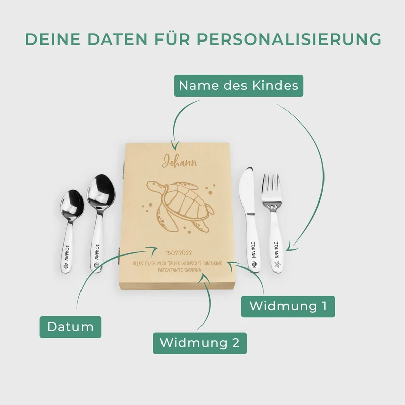 Kinderbesteck mit Namensgravur - Schildkröte Motiv - Besteck mit Namen | Taufgeschenk für Kinder - Geschenk zur Taufe für Jungs & Mädchen, natur Kiste