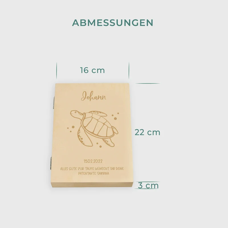 Kinderbesteck mit Namensgravur - Schildkröte Motiv - Besteck mit Namen | Taufgeschenk für Kinder - Geschenk zur Taufe für Jungs & Mädchen, natur Kiste