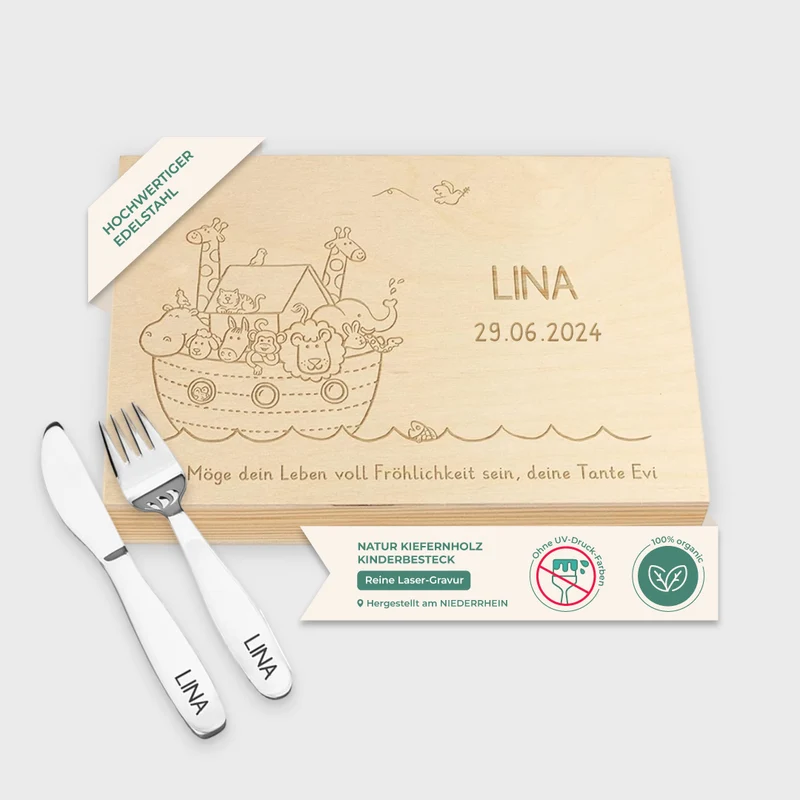 Kinderbesteck mit Namensgravur - Arche Noah Motiv - Besteck mit Namen | Taufgeschenk für Kinder - Geschenk zur Taufe für Jungs & Mädchen, natur Kiste
