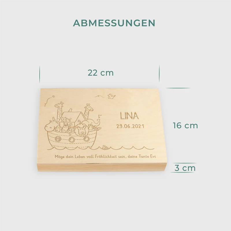 Kinderbesteck mit Namensgravur - Arche Noah Motiv - Besteck mit Namen | Taufgeschenk für Kinder - Geschenk zur Taufe für Jungs & Mädchen, natur Kiste