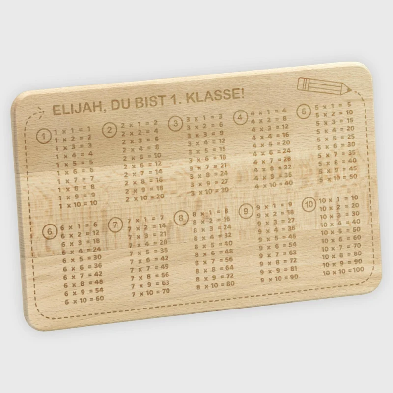 Frühstücksbrettchen für Kinder mit Gravur - Personalisiert mit Namen - 1x1 Motiv | Holz Brettchen, Natur, FSC® - Geschenk zur Einschulung Erstklässler