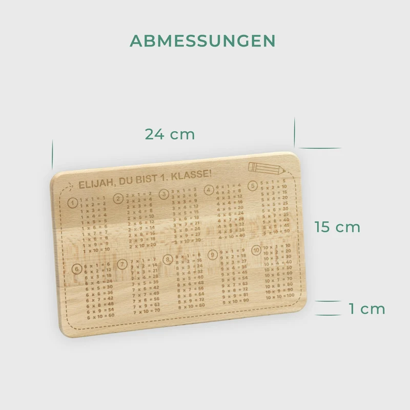 Frühstücksbrettchen für Kinder mit Gravur - Personalisiert mit Namen - 1x1 Motiv | Holz Brettchen, Natur, FSC® - Geschenk zur Einschulung Erstklässler