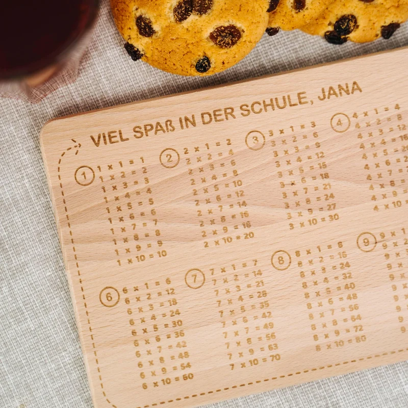 Frühstücksbrettchen für Kinder mit Gravur - Personalisiert mit Namen - 1x1 Motiv | Holz Brettchen, Natur, FSC® - Geschenk zur Einschulung Erstklässler