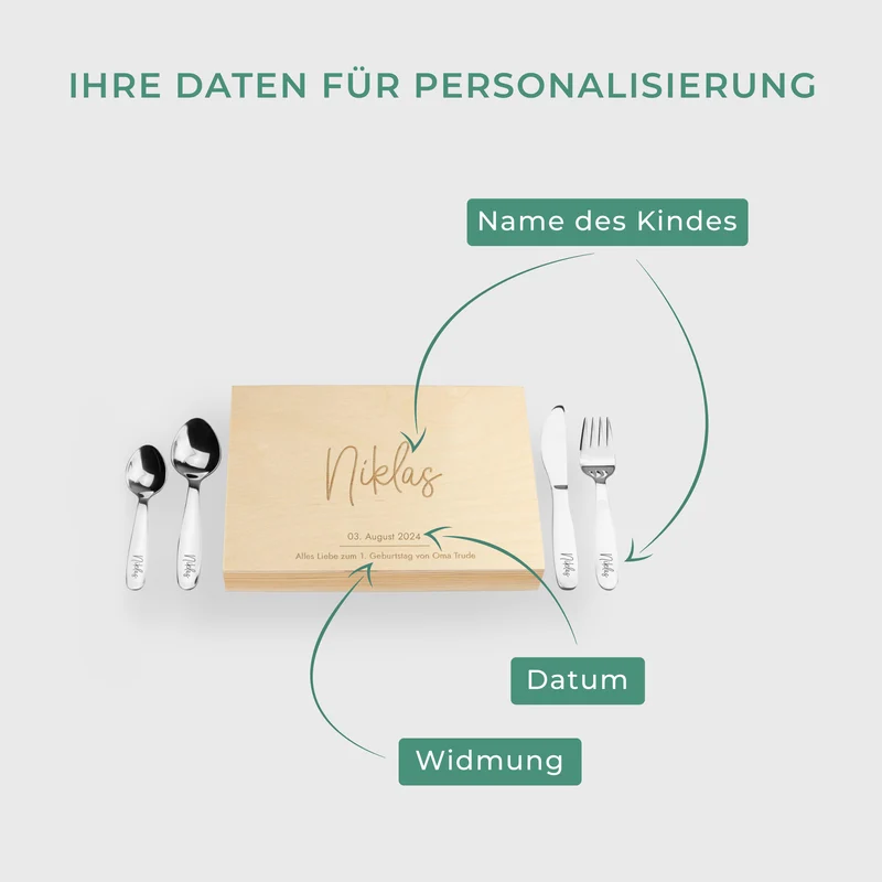 Kinderbesteck mit Namensgravur - Wunschname Gravur - Besteck mit Namen | Taufgeschenk für Kinder - Geschenk zur Taufe für Jungs & Mädchen, natur Kiste