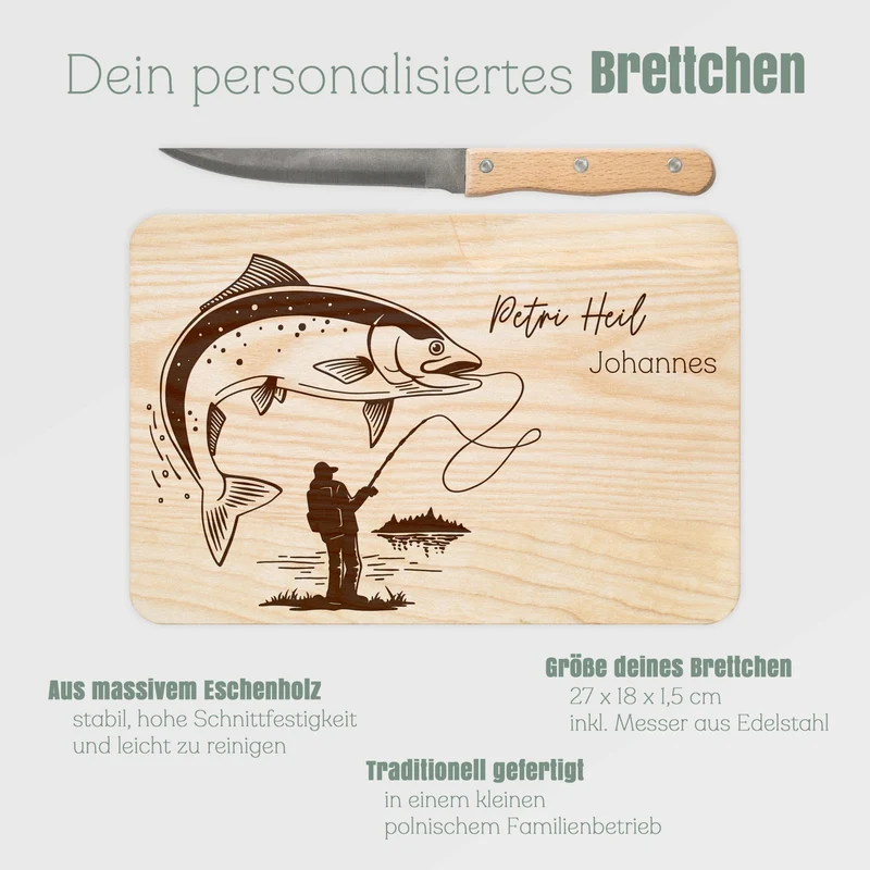 Brotzeitbrett mit Messer - Angler mit Fisch