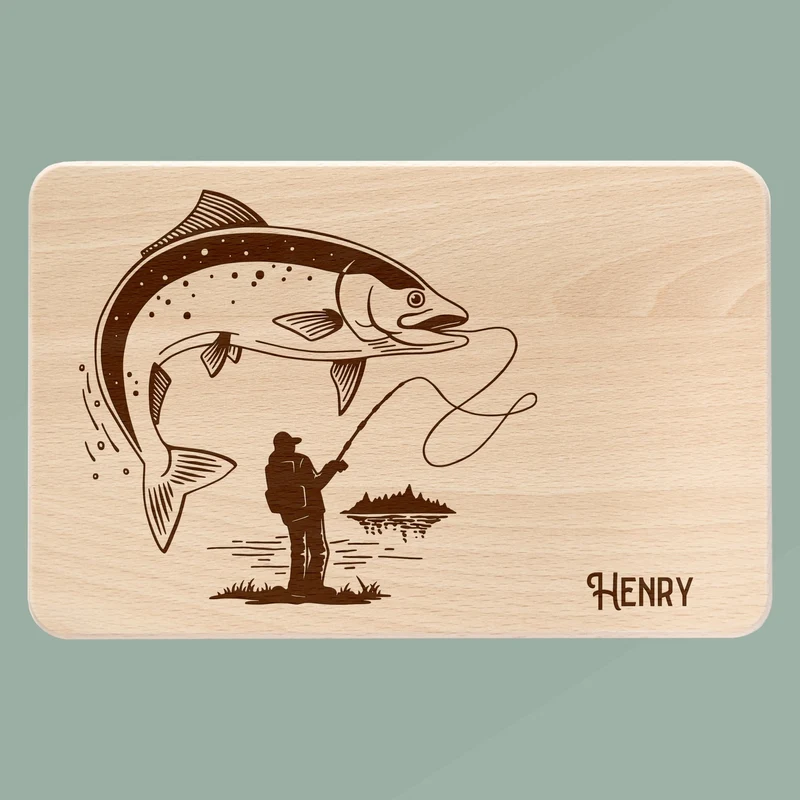 Frühstücksbrett Holz - Angler mit Fisch