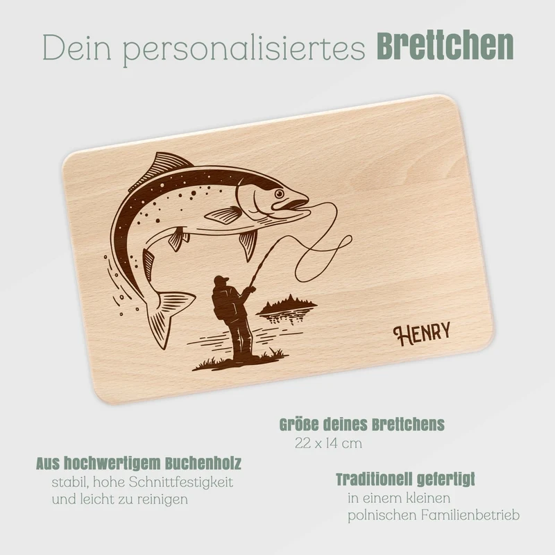 Frühstücksbrett Holz - Angler mit Fisch