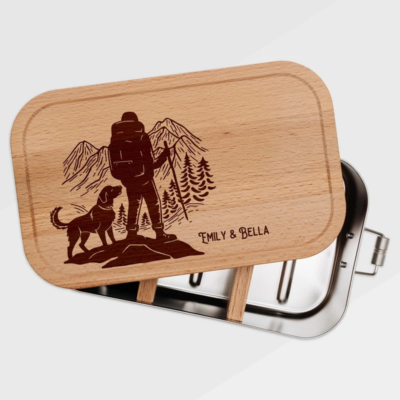 Brotdose Edelstahl mit Buchendeckel - Wanderbuddy