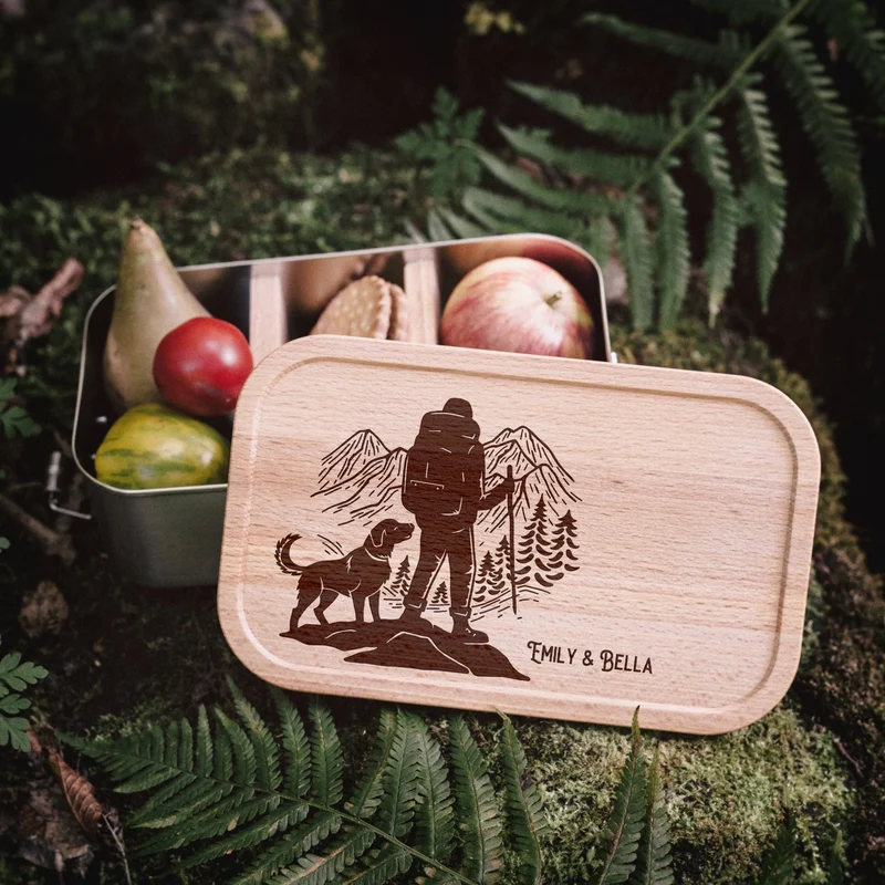 Brotdose Edelstahl mit Buchendeckel - Wanderbuddy