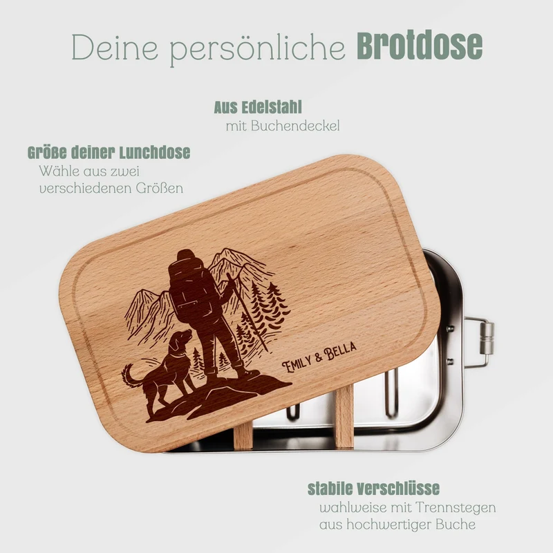 Brotdose Edelstahl mit Buchendeckel - Wanderbuddy
