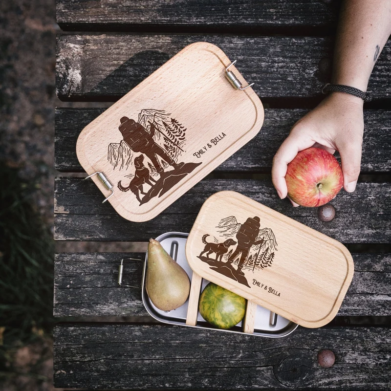 Brotdose Edelstahl mit Buchendeckel - Wanderbuddy