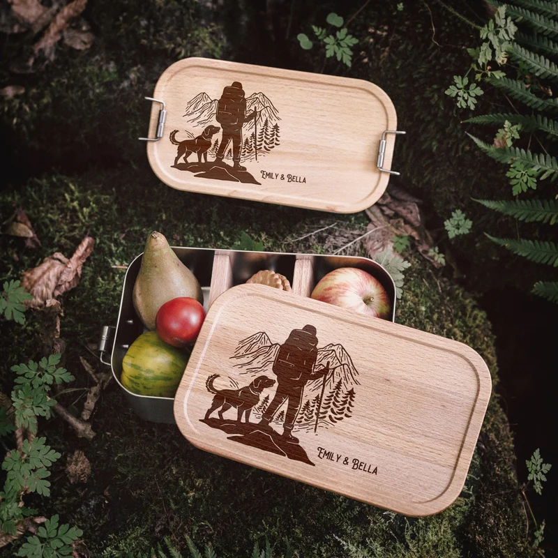 Brotdose Edelstahl mit Buchendeckel - Wanderbuddy