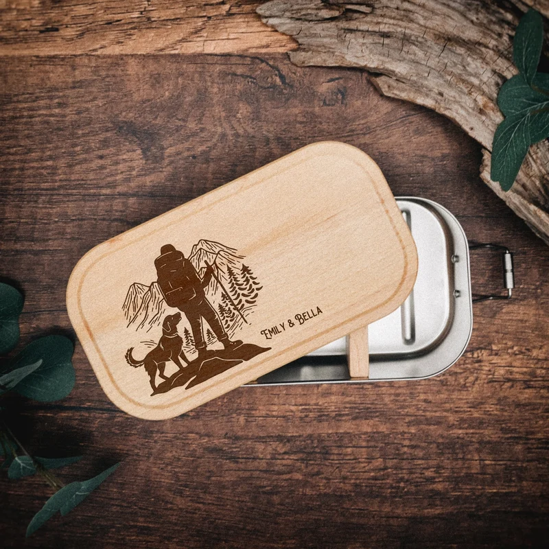 Brotdose Edelstahl mit Buchendeckel - Wanderbuddy