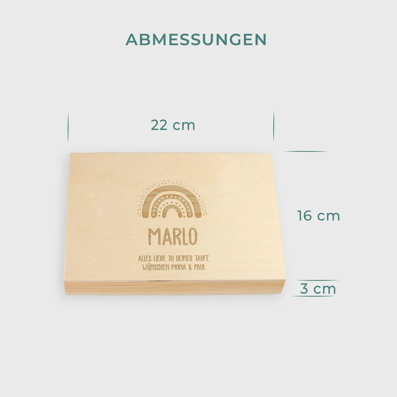 Kinderbesteck mit Namensgravur - Regenbogen Motiv- Besteck mit Namen | Taufgeschenk für Kinder - Geschenk zur Taufe für Jungs & Mädchen, natur Kiste
