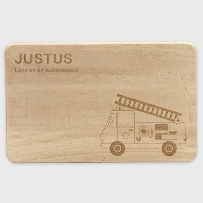 Frühstücksbrettchen für Kinder mit Gravur - Personalisiert mit Name - Feuerwehrauto | Holz Brettchen, Natur FSC® - Geschenk zum Geburtstag & Namenstag