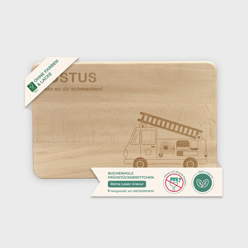 Frühstücksbrettchen für Kinder mit Gravur - Personalisiert mit Name - Feuerwehrauto | Holz Brettchen, Natur FSC® - Geschenk zum Geburtstag & Namenstag