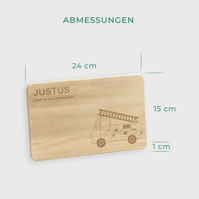 Frühstücksbrettchen für Kinder mit Gravur - Personalisiert mit Name - Feuerwehrauto | Holz Brettchen, Natur FSC® - Geschenk zum Geburtstag & Namenstag