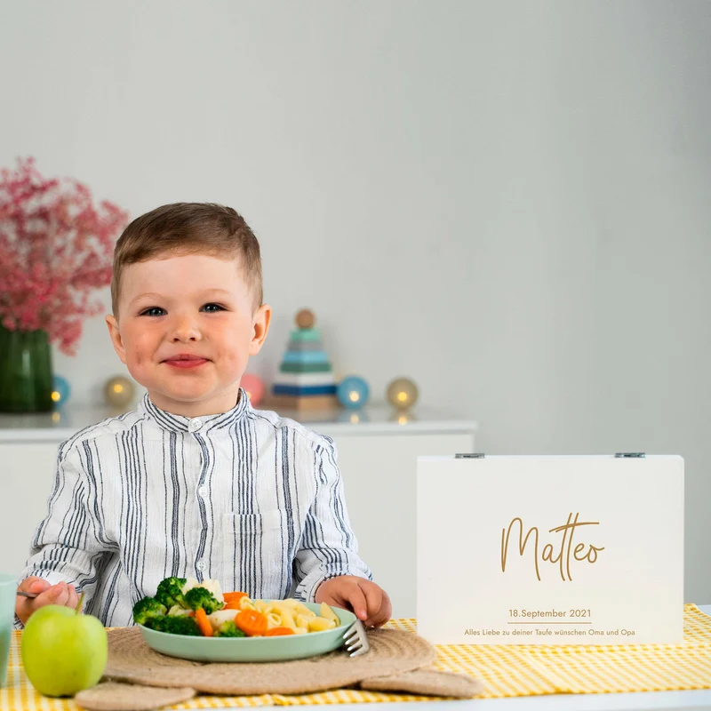 Kinderbesteck mit Namensgravur - Wunschname Gravur - Besteck mit Namen | Taufgeschenk für Kinder - Geschenk zur Taufe für Jungs & Mädchen, weiß Kiste