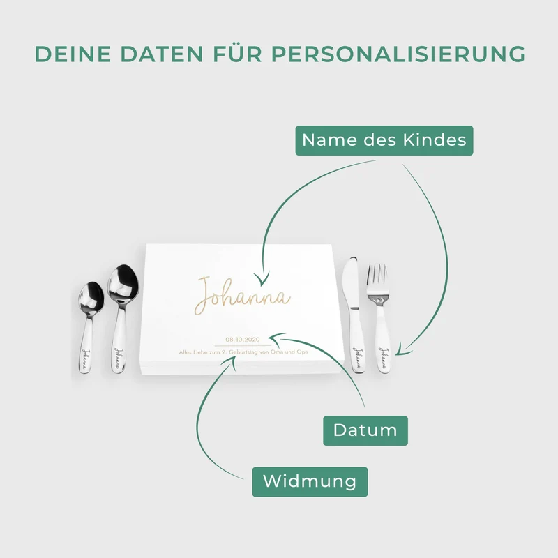 Kinderbesteck mit Namensgravur - Wunschname Gravur - Besteck mit Namen | Taufgeschenk für Kinder - Geschenk zur Taufe für Jungs & Mädchen, weiß Kiste