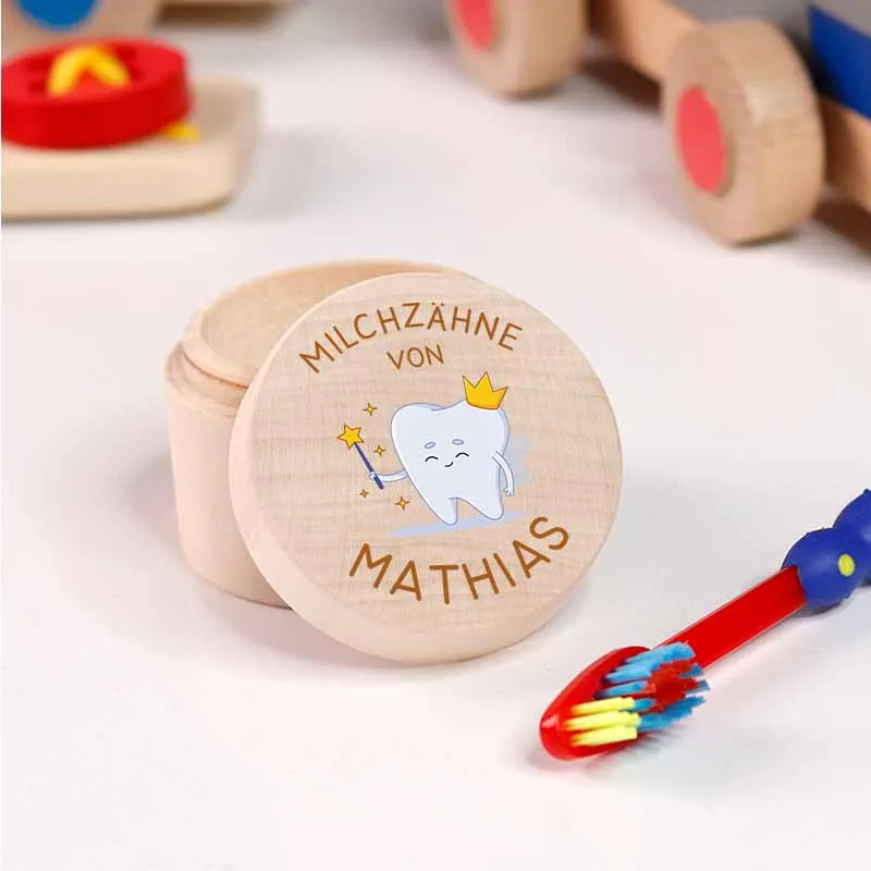Personalisierte Milchzahndose aus Lindenholz mit Namen - Zahnbox für Kinder - Zahnfee Motiv | Natur, Runde - Baby Geschenk & Andenken zur Taufe