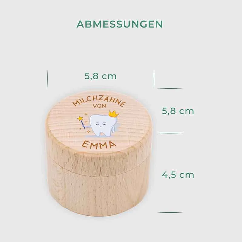Personalisierte Milchzahndose aus Lindenholz mit Namen - Zahnbox für Kinder - Zahnfee Motiv | Natur, Runde - Baby Geschenk & Andenken zur Taufe