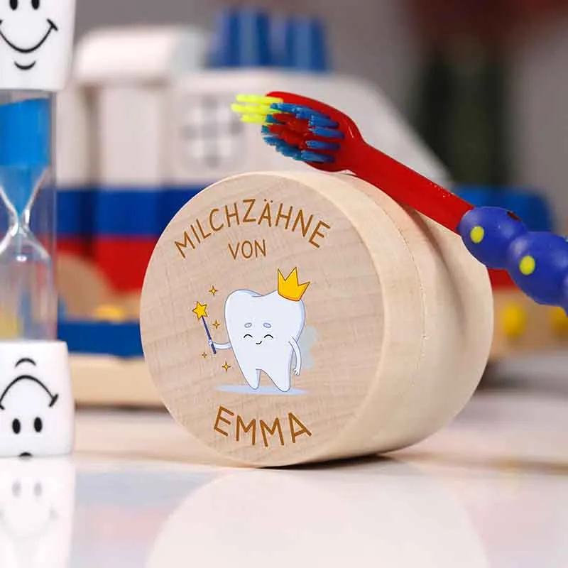 Personalisierte Milchzahndose aus Lindenholz mit Namen - Zahnbox für Kinder - Zahnfee Motiv | Natur, Runde - Baby Geschenk & Andenken zur Taufe
