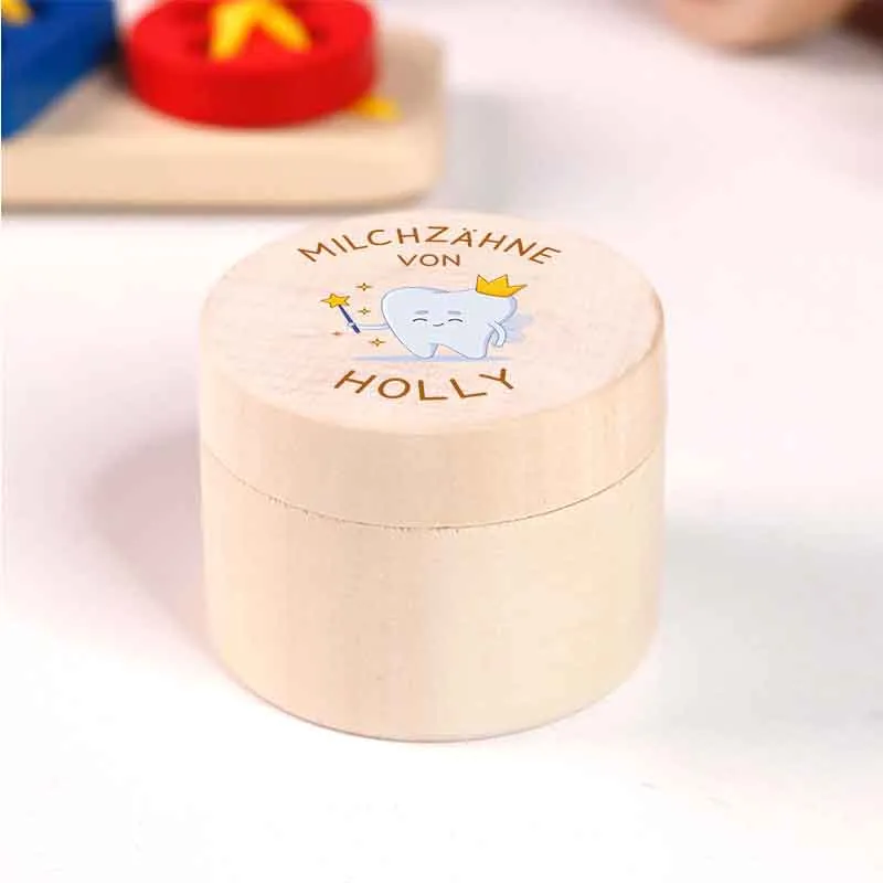 Personalisierte Milchzahndose aus Lindenholz mit Namen - Zahnbox für Kinder - Zahnfee Motiv | Natur, Runde - Baby Geschenk & Andenken zur Taufe