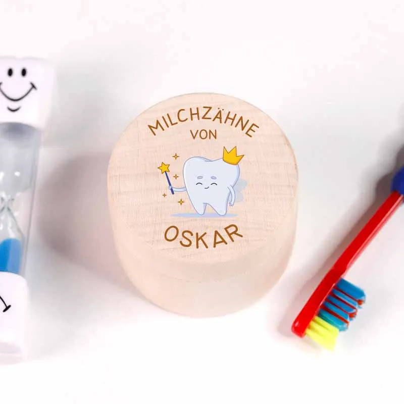 Personalisierte Milchzahndose aus Lindenholz mit Namen - Zahnbox für Kinder - Zahnfee Motiv | Natur, Runde - Baby Geschenk & Andenken zur Taufe