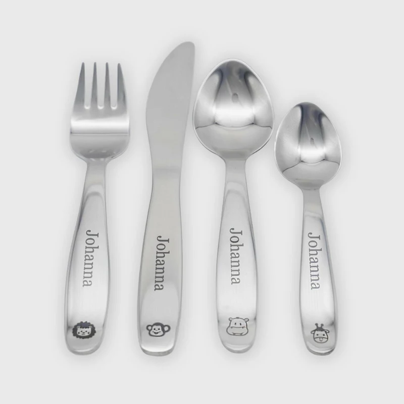 Personalisiertes 4-dinge Kinderbesteck mit Gravur - Dschungel Motiv