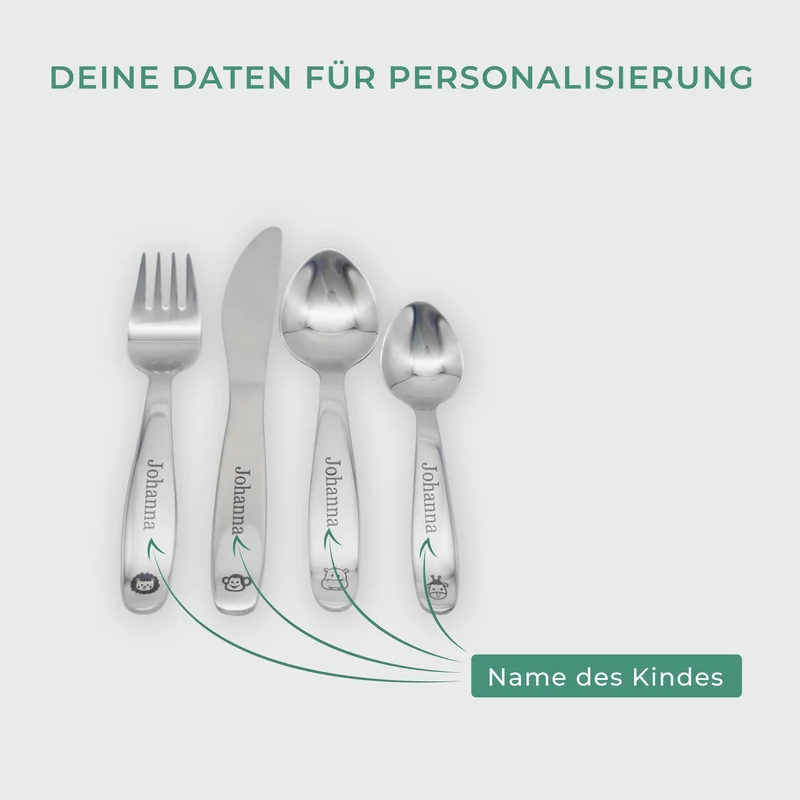 Personalisiertes 4-dinge Kinderbesteck mit Gravur - Dschungel Motiv