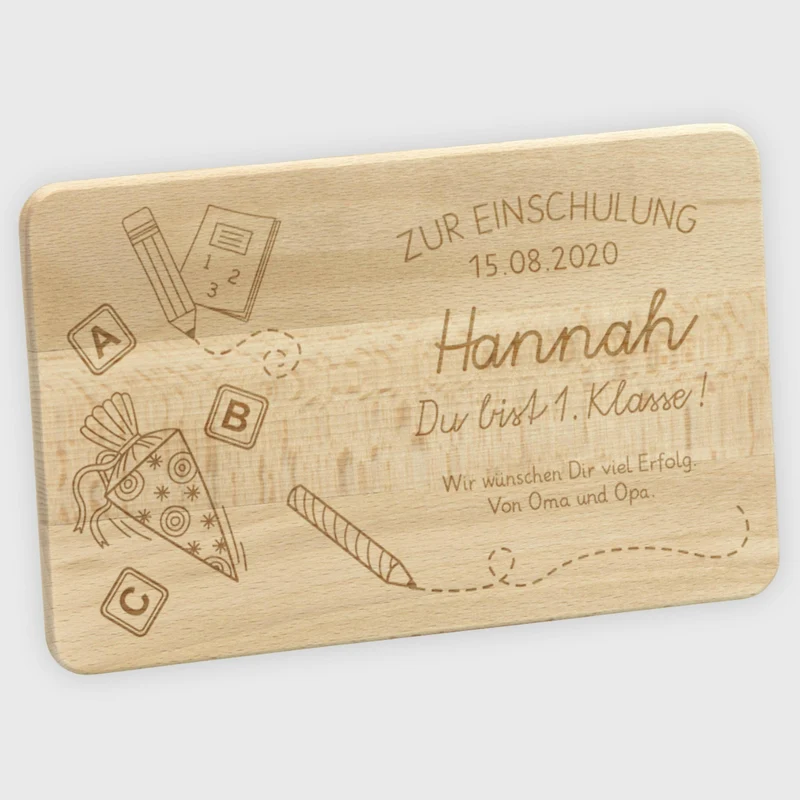 Frühstücksbrettchen für Kinder mit Gravur - Personalisiert mit Namen - Schultüte | Holz Brettchen, Natur, FSC® - Geschenk zur Einschulung Erstklässler